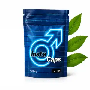 Insta Caps 400mg cápsulas para homem em saqueta azul com cápsulas azuis