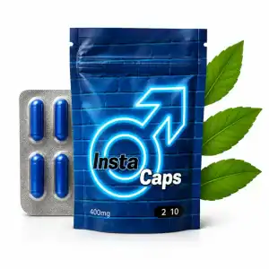 Insta Caps 400mg cápsulas para homem em saqueta azul com cápsulas azuis