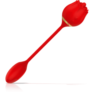 Estimulador vibrante vermelho com design de tulipa, ideal para prazer e estimulação íntima.