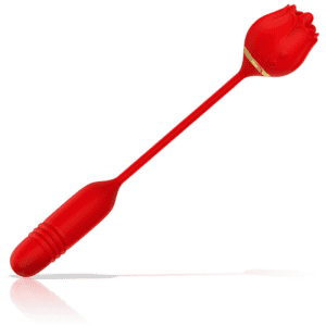Vibrador em forma de rosa com dupla função de prazer sexual.
