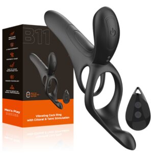Anel de ereção vibratório com estimulador perineal e clitoriano, ideal para prazer masculino e estim.