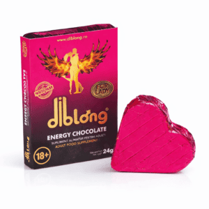 Chocolate energético Diblong com embalagem rosa e coração de chocolate ao lado.